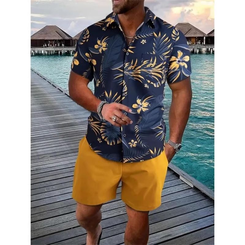 Bestselling High-End Men's Black & White Striped Hawaiian Short Sleeve Shirt Casual Fashion Trendy Outfit Set For Men