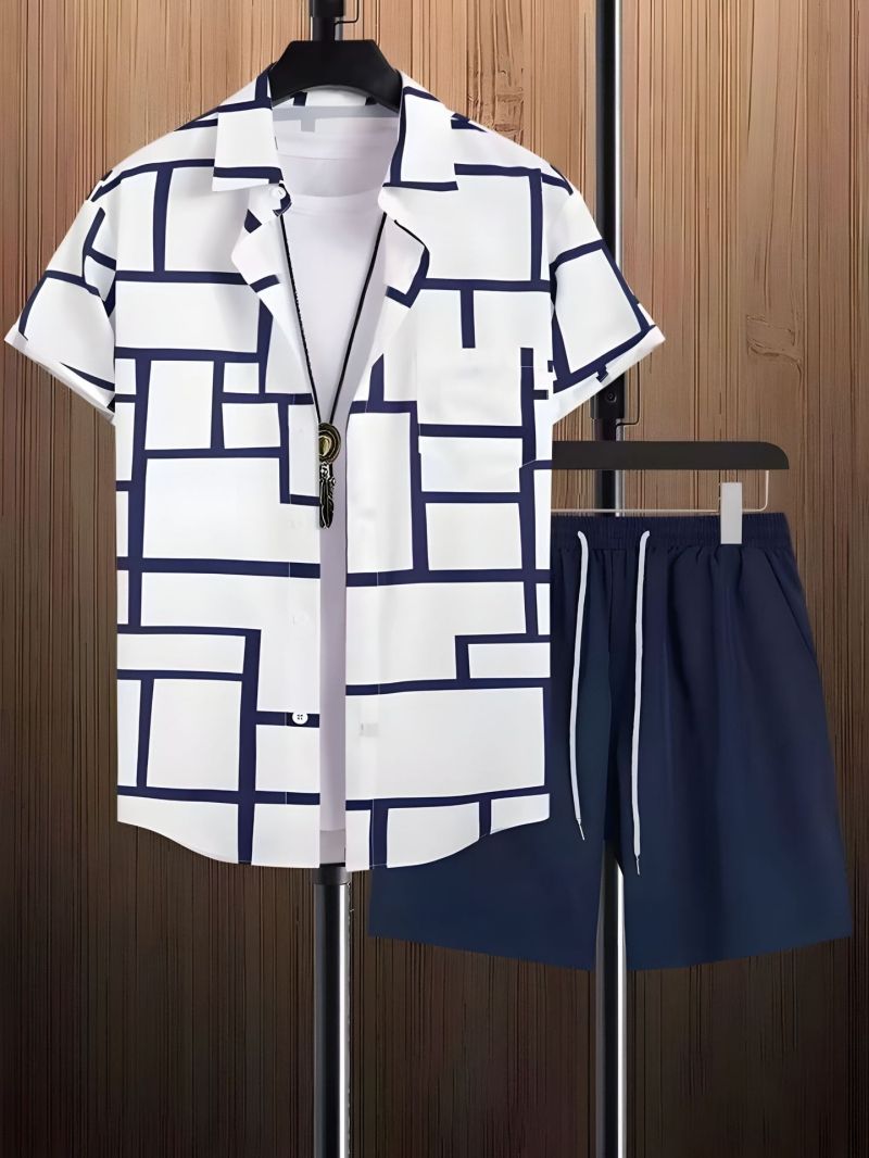 Bestselling High-End Men's Black & White Striped Hawaiian Short Sleeve Shirt Casual Fashion Trendy Outfit Set For Men