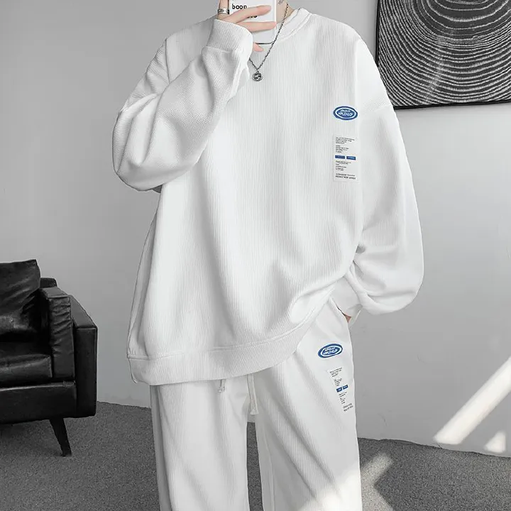 Luxury Waffle Fabric Men's Tracksuit Stylish Streetwear Sweatshirt Straight Pants Two Piece Set Plus Size Spring Autumn Sportswear