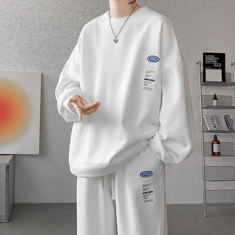 Luxury Waffle Fabric Men's Tracksuit Stylish Streetwear Sweatshirt Straight Pants Two Piece Set Plus Size Spring Autumn Sportswear