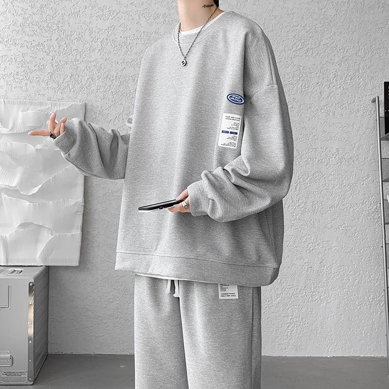 Luxury Waffle Fabric Men's Tracksuit Stylish Streetwear Sweatshirt Straight Pants Two Piece Set Plus Size Spring Autumn Sportswear