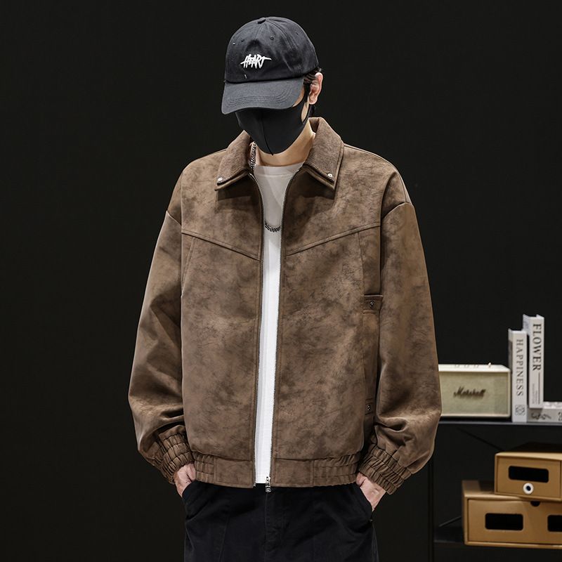 Men's American Style High-End Tie-Dye Leather Jacket Autumn Premium Lapel Coat New Trendy Casual Loose Outerwear