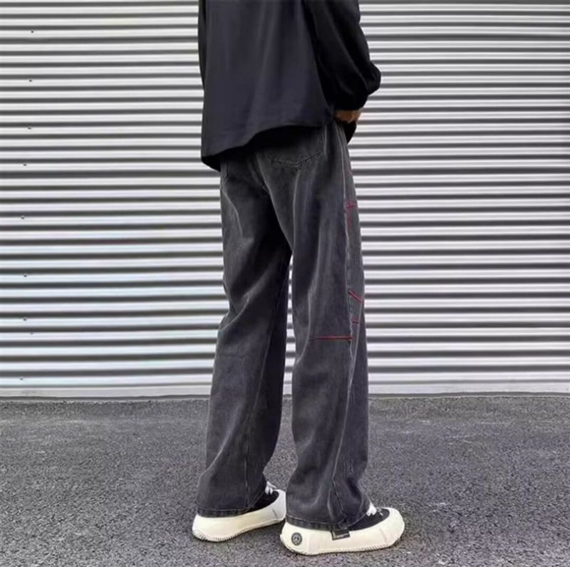 New High-End American Street Style Washed Vintage Embroidered Jeans Men Spring Autumn Straight Loose European American High Street Long Pants