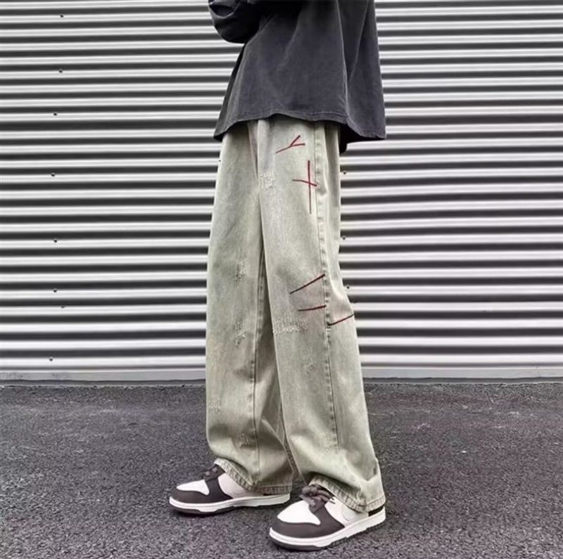 New High-End American Street Style Washed Vintage Embroidered Jeans Men Spring Autumn Straight Loose European American High Street Long Pants