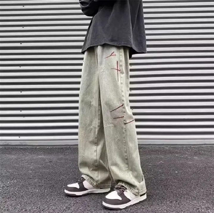 New High-End American Street Style Washed Vintage Embroidered Jeans Men Spring Autumn Straight Loose European American High Street Long Pants