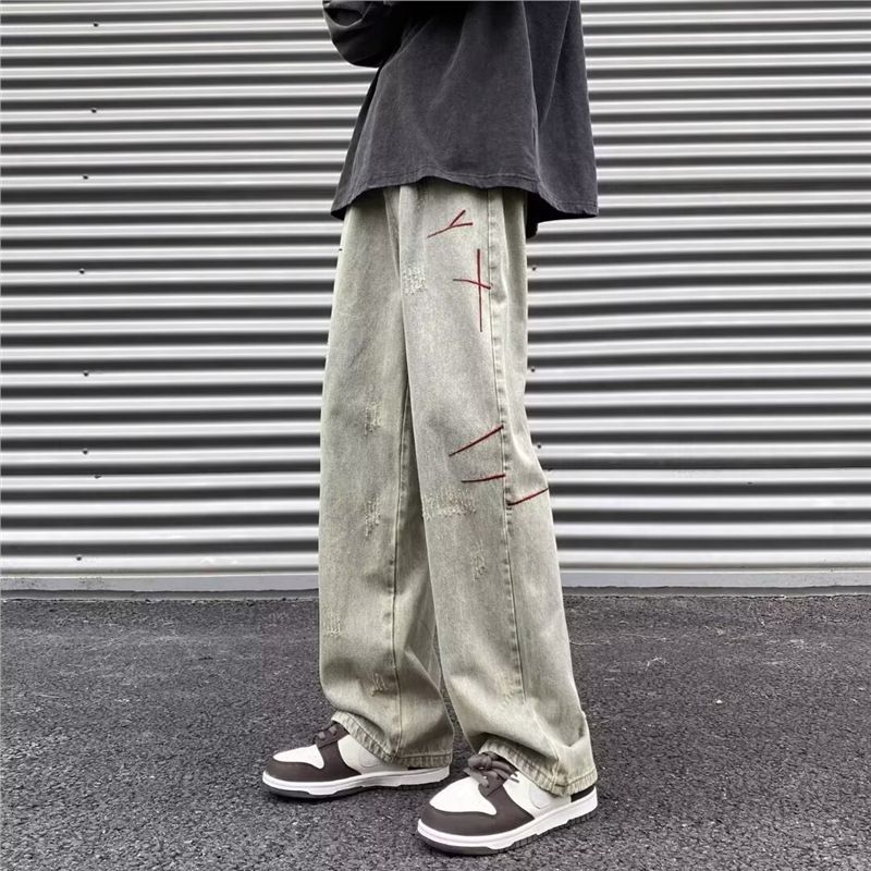 New High-End American Street Style Washed Vintage Embroidered Jeans Men Spring Autumn Straight Loose European American High Street Long Pants
