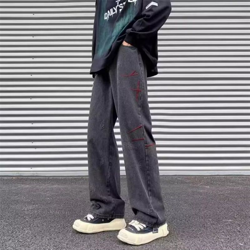 New High-End American Street Style Washed Vintage Embroidered Jeans Men Spring Autumn Straight Loose European American High Street Long Pants