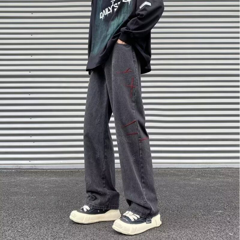 New High-End American Street Style Washed Vintage Embroidered Jeans Men Spring Autumn Straight Loose European American High Street Long Pants