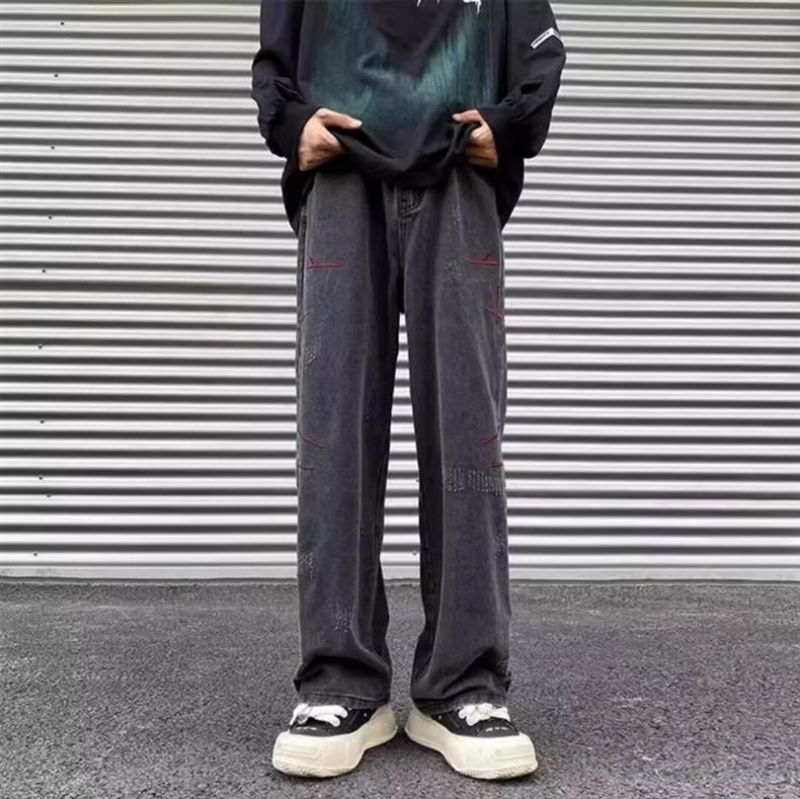 New High-End American Street Style Washed Vintage Embroidered Jeans Men Spring Autumn Straight Loose European American High Street Long Pants