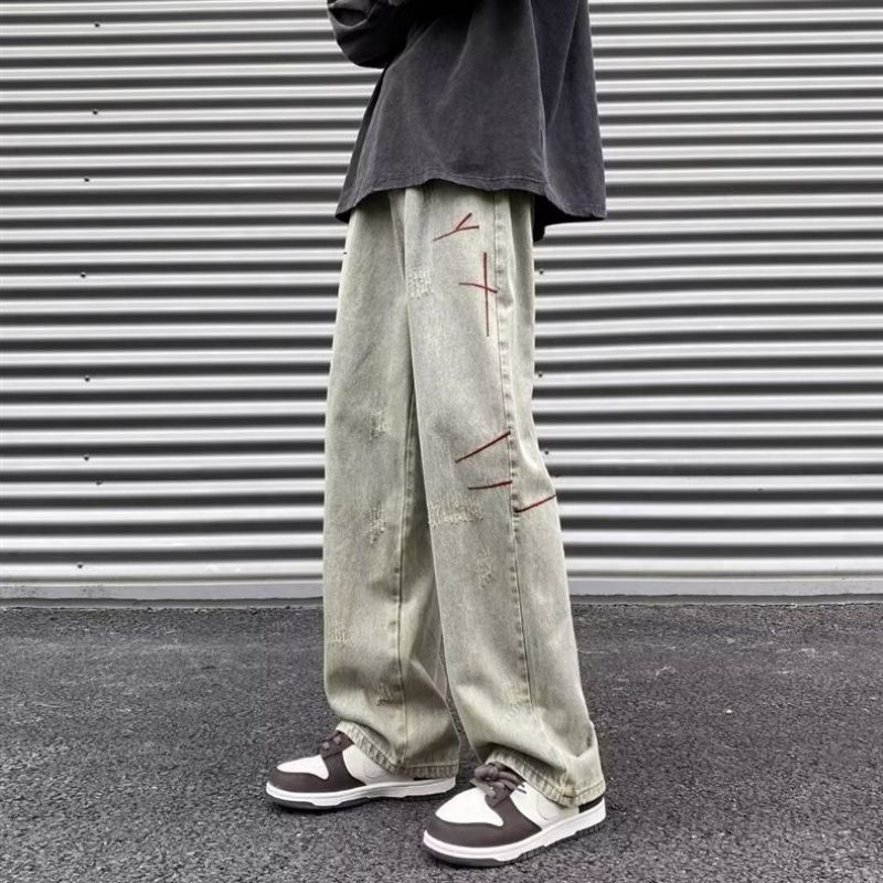 New High-End American Street Style Washed Vintage Embroidered Jeans Men Spring Autumn Straight Loose European American High Street Long Pants