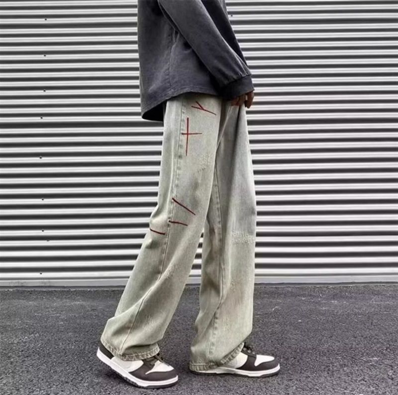 New High-End American Street Style Washed Vintage Embroidered Jeans Men Spring Autumn Straight Loose European American High Street Long Pants