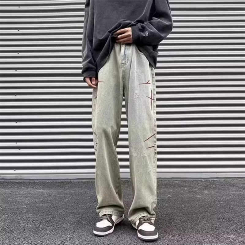 New High-End American Street Style Washed Vintage Embroidered Jeans Men Spring Autumn Straight Loose European American High Street Long Pants