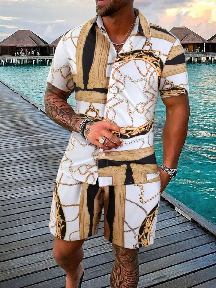 Premium Summer Men's Hawaiian Set, 3D Printed Short Sleeve Shirt & Beach Shorts, Casual Vacation Outfit, Fashion Two-Piece Set for Men