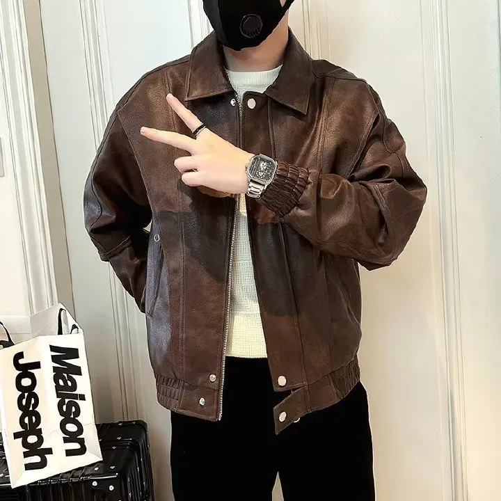 Premium Stylish Leather Jacket for Men, New Spring & Autumn Fashion Casual Coat, Advanced Solid Color Youth Leather Outwear, Trendy Streetwear Biker Jacket