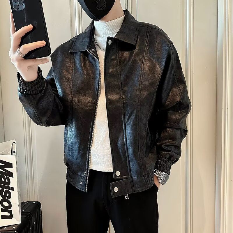 Premium Stylish Leather Jacket for Men, New Spring & Autumn Fashion Casual Coat, Advanced Solid Color Youth Leather Outwear, Trendy Streetwear Biker Jacket
