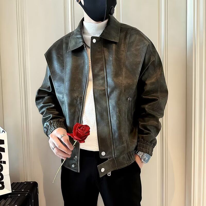 Premium Stylish Leather Jacket for Men, New Spring & Autumn Fashion Casual Coat, Advanced Solid Color Youth Leather Outwear, Trendy Streetwear Biker Jacket