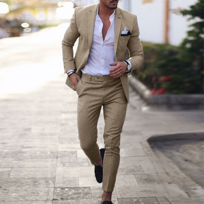New Arrival High-End Fashion Men's Plus Size Linen Suit, Notch Lapel Two-Piece Set, Single-Breasted One-Button Blazer, Business Formal & Casual Outfit