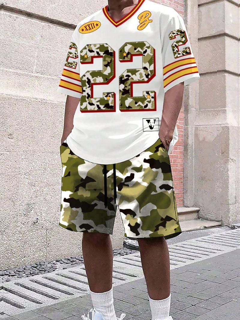 New Fashion Men's Casual V-Neck Short Sleeve Sports T-Shirt 3D Letter Print Top Shorts Two Piece Set Comfortable Breathable Daily Outfit