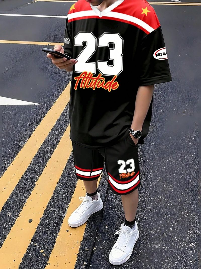 New Fashion Men's Casual V-Neck Short Sleeve Sports T-Shirt 3D Letter Print Top Shorts Two Piece Set Comfortable Breathable Daily Outfit