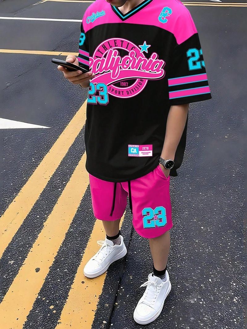 New Fashion Men's Casual V-Neck Short Sleeve Sports T-Shirt 3D Letter Print Top Shorts Two Piece Set Comfortable Breathable Daily Outfit