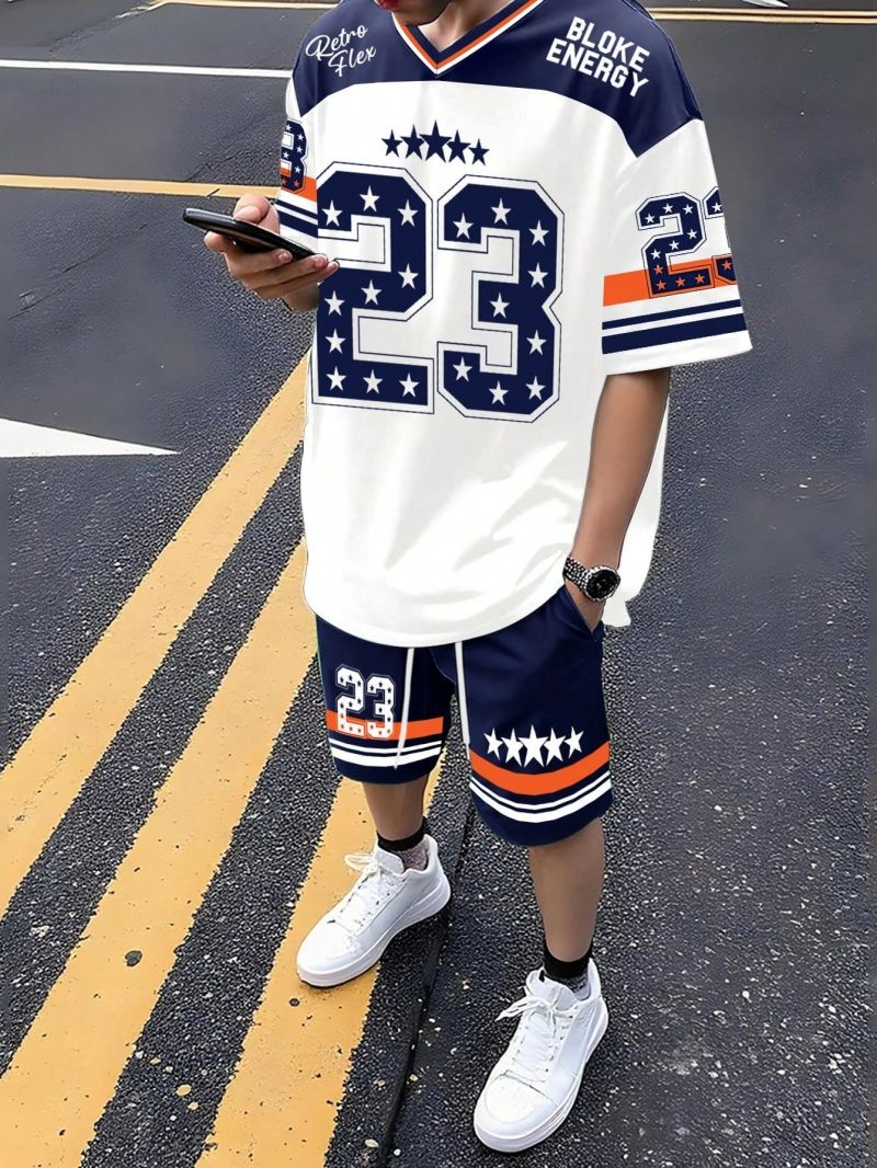 New Fashion Men's Casual V-Neck Short Sleeve Sports T-Shirt 3D Letter Print Top Shorts Two Piece Set Comfortable Breathable Daily Outfit