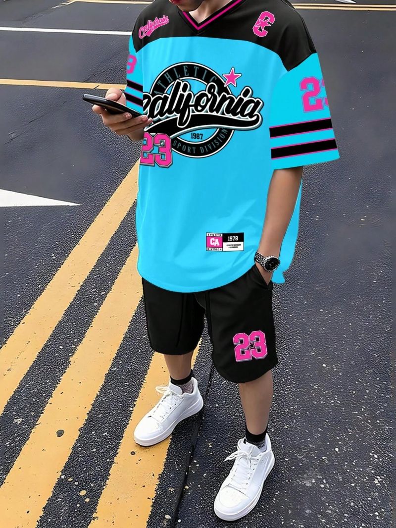 New Fashion Men's Casual V-Neck Short Sleeve Sports T-Shirt 3D Letter Print Top Shorts Two Piece Set Comfortable Breathable Daily Outfit