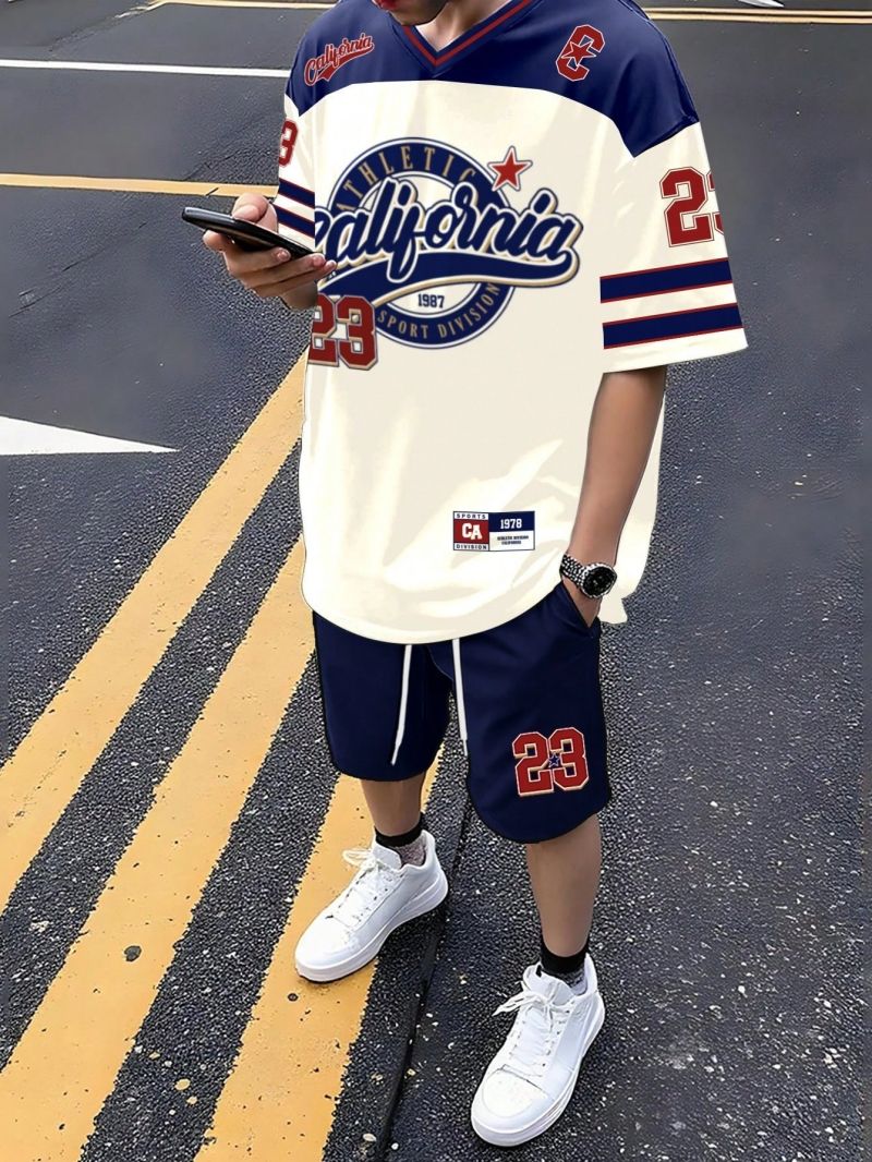 New Fashion Men's Casual V-Neck Short Sleeve Sports T-Shirt 3D Letter Print Top Shorts Two Piece Set Comfortable Breathable Daily Outfit