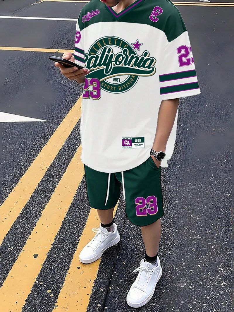 New Fashion Men's Casual V-Neck Short Sleeve Sports T-Shirt 3D Letter Print Top Shorts Two Piece Set Comfortable Breathable Daily Outfit