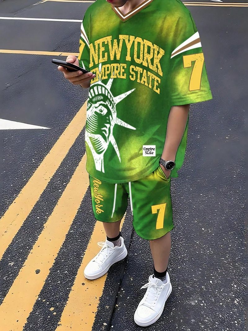 New Fashion Men's Casual V-Neck Short Sleeve Sports T-Shirt 3D Letter Print Top Shorts Two Piece Set Comfortable Breathable Daily Outfit