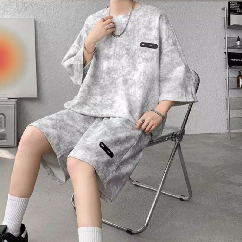 2026 Summer New Men's Niche Design Tie-Dye Seven-Point Sleeve T-Shirt And Shorts Two-Piece Set Fashion Trend Cool Streetwear Loose Plus Size Casual Outfit For Big & Tall Men