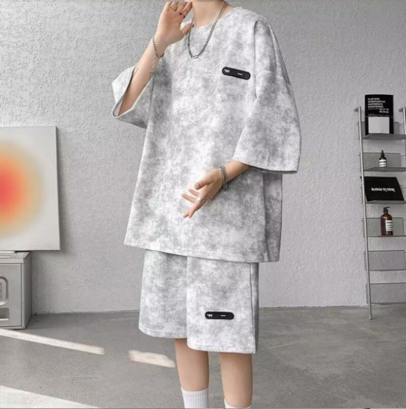 2026 Summer New Men's Niche Design Tie-Dye Seven-Point Sleeve T-Shirt And Shorts Two-Piece Set Fashion Trend Cool Streetwear Loose Plus Size Casual Outfit For Big & Tall Men