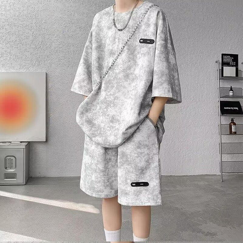 2026 Summer New Men's Niche Design Tie-Dye Seven-Point Sleeve T-Shirt And Shorts Two-Piece Set Fashion Trend Cool Streetwear Loose Plus Size Casual Outfit For Big & Tall Men