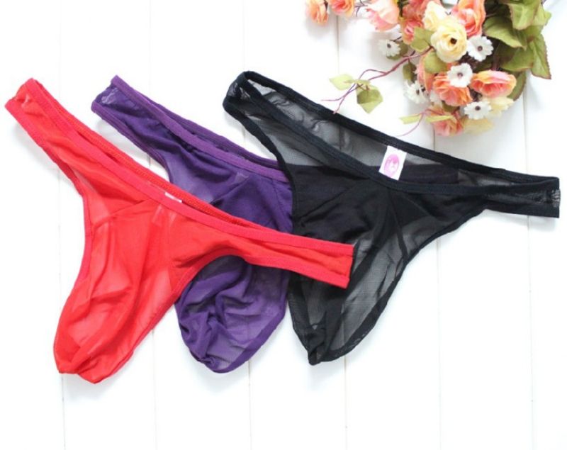 3 Pack Men's Sexy Sheer Mesh Thong Underwear Ultra Thin Breathable U-Convex Pouch Design Seductive Intimate Lingerie Comfort T-Back Briefs for Men