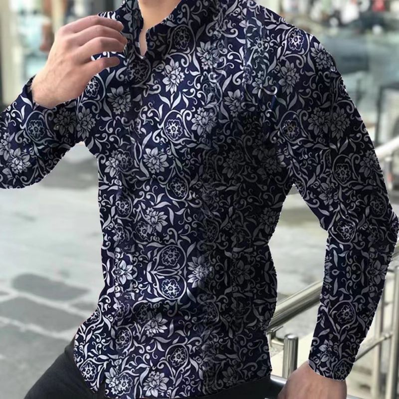 High-End Stylish Floral Pattern Shirt Men Casual Long Sleeve Button Down Shirt Plus Size Big Size Men's Clothing