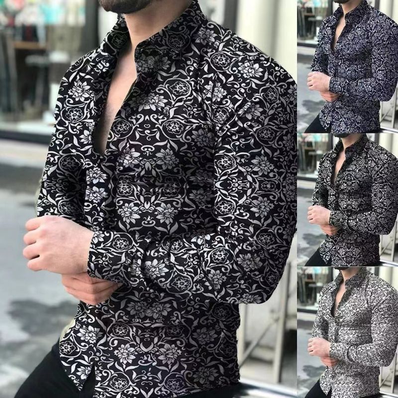 High-End Stylish Floral Pattern Shirt Men Casual Long Sleeve Button Down Shirt Plus Size Big Size Men's Clothing