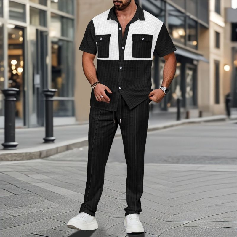 Premium Men's Waffle Fabric 2-Piece Set Color Block Four-Button Placket Short Sleeve Shirt & Long Pants Outfit With Pocket Design For Men
