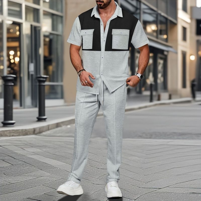 Premium Men's Waffle Fabric 2-Piece Set Color Block Four-Button Placket Short Sleeve Shirt & Long Pants Outfit With Pocket Design For Men