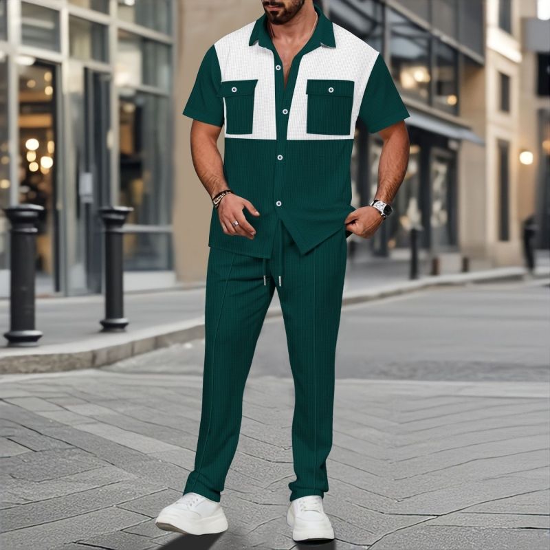 Premium Men's Waffle Fabric 2-Piece Set Color Block Four-Button Placket Short Sleeve Shirt & Long Pants Outfit With Pocket Design For Men