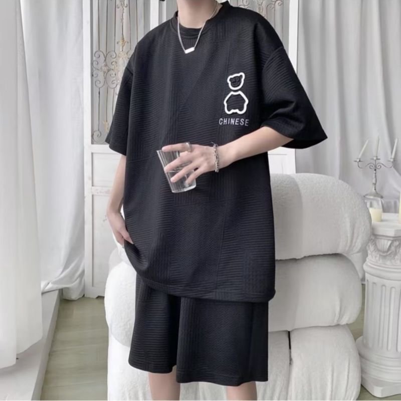 Fashion Trendy Plus Size Half Sleeve T-Shirt for Young Men, High-Quality Waffle Fabric Bear Printed Casual Loose Short Sleeve Tops for Teen Students