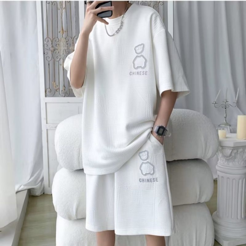 Fashion Trendy Plus Size Half Sleeve T-Shirt for Young Men, High-Quality Waffle Fabric Bear Printed Casual Loose Short Sleeve Tops for Teen Students