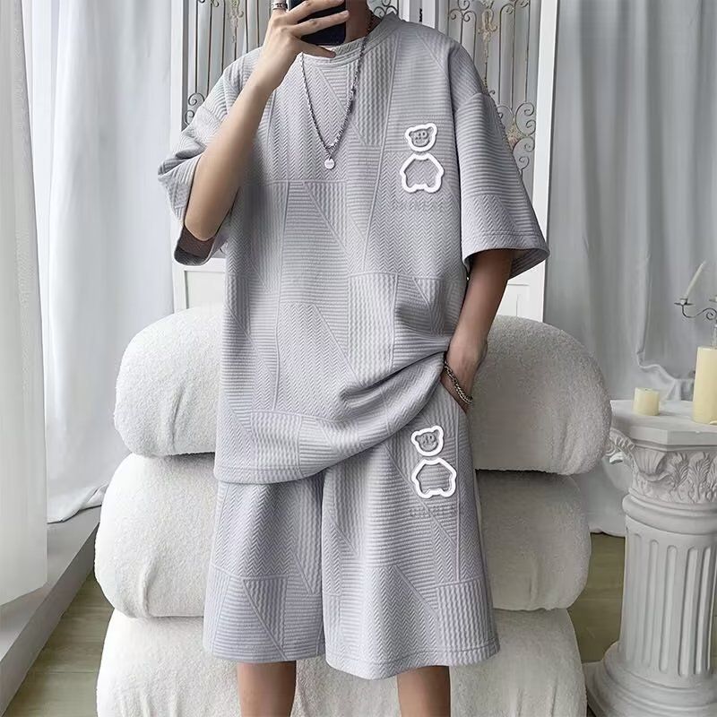 Fashion Trendy Plus Size Half Sleeve T-Shirt for Young Men, High-Quality Waffle Fabric Bear Printed Casual Loose Short Sleeve Tops for Teen Students