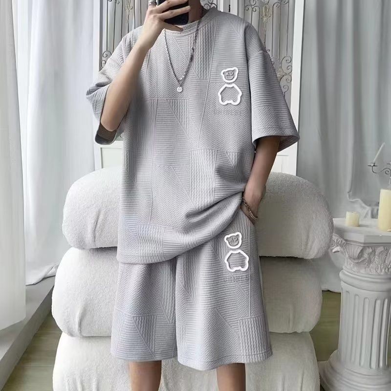 Fashion Trendy Plus Size Half Sleeve T-Shirt for Young Men, High-Quality Waffle Fabric Bear Printed Casual Loose Short Sleeve Tops for Teen Students