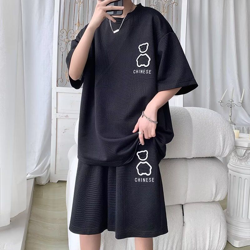 Fashion Trendy Plus Size Half Sleeve T-Shirt for Young Men, High-Quality Waffle Fabric Bear Printed Casual Loose Short Sleeve Tops for Teen Students