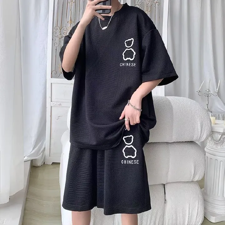 Fashion Trendy Plus Size Half Sleeve T-Shirt for Young Men, High-Quality Waffle Fabric Bear Printed Casual Loose Short Sleeve Tops for Teen Students