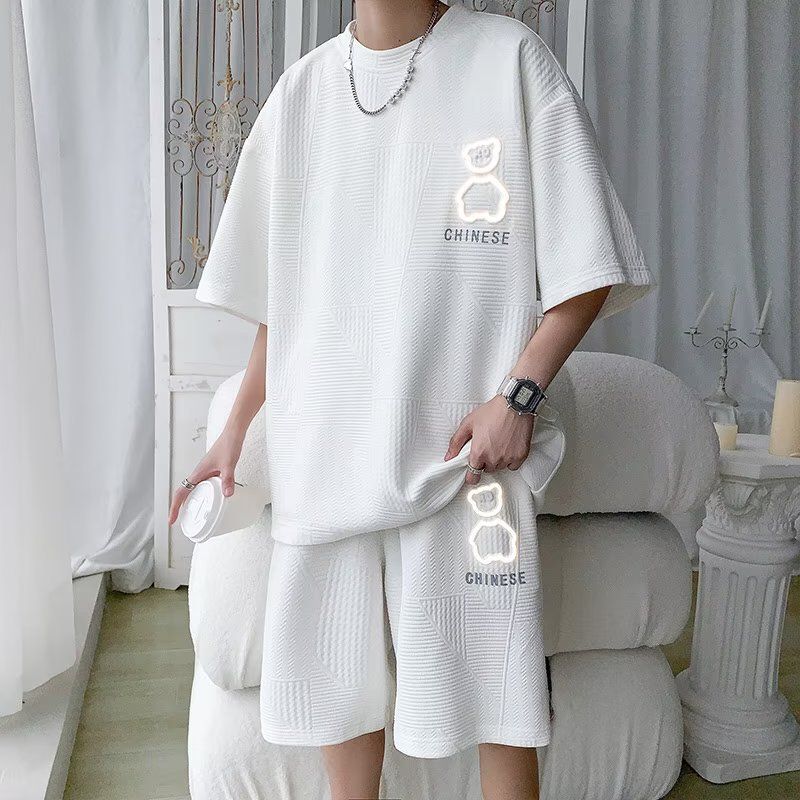 Fashion Trendy Plus Size Half Sleeve T-Shirt for Young Men, High-Quality Waffle Fabric Bear Printed Casual Loose Short Sleeve Tops for Teen Students