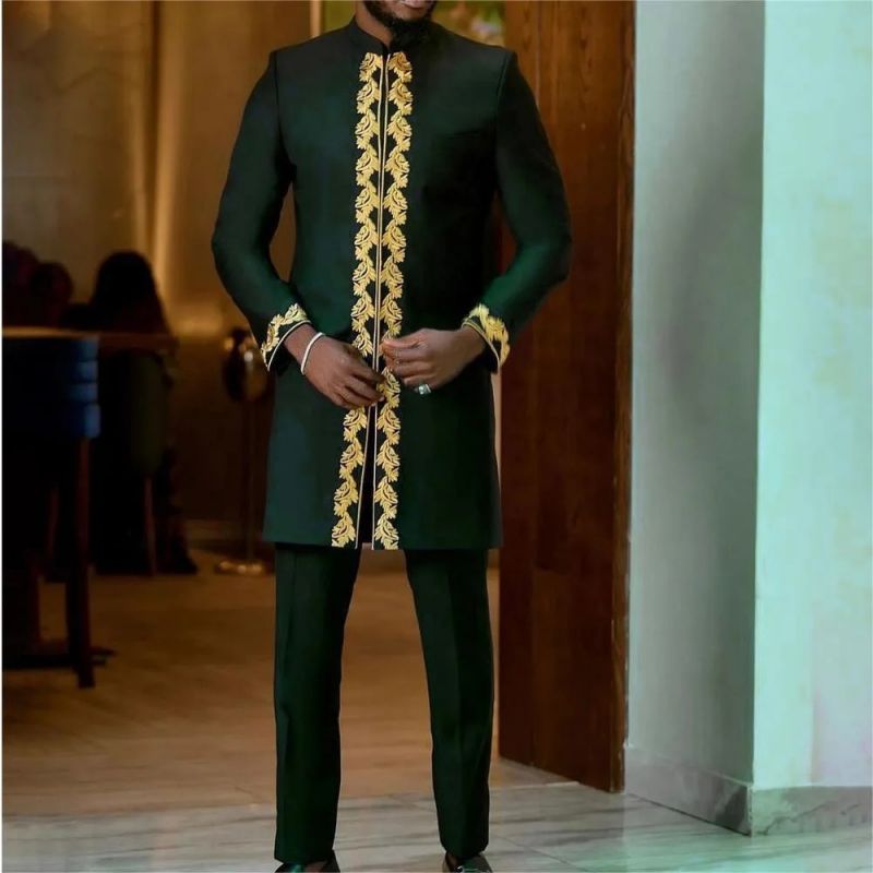 High-End African Ethnic Inspired Men’s Matching 2-Piece Suit Premium Exquisite Embroidery Design Fashion Outfit Perfect For Wedding Party And Celebrations