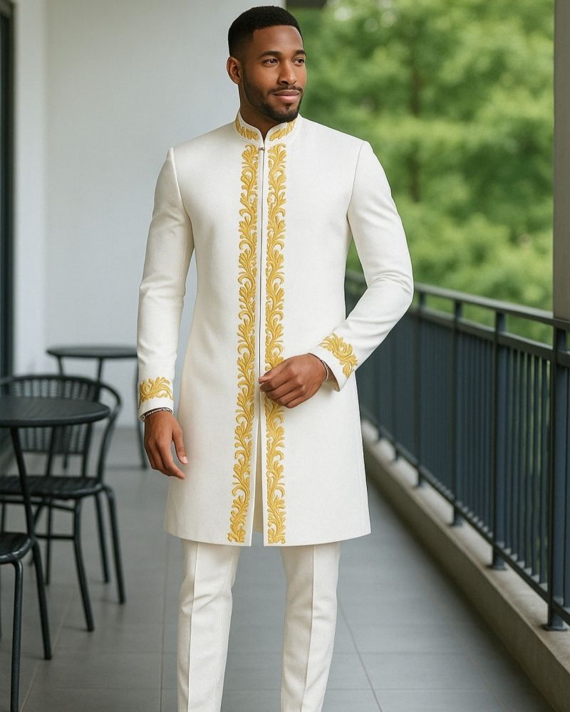 High-End African Ethnic Inspired Men’s Matching 2-Piece Suit Premium Exquisite Embroidery Design Fashion Outfit Perfect For Wedding Party And Celebrations