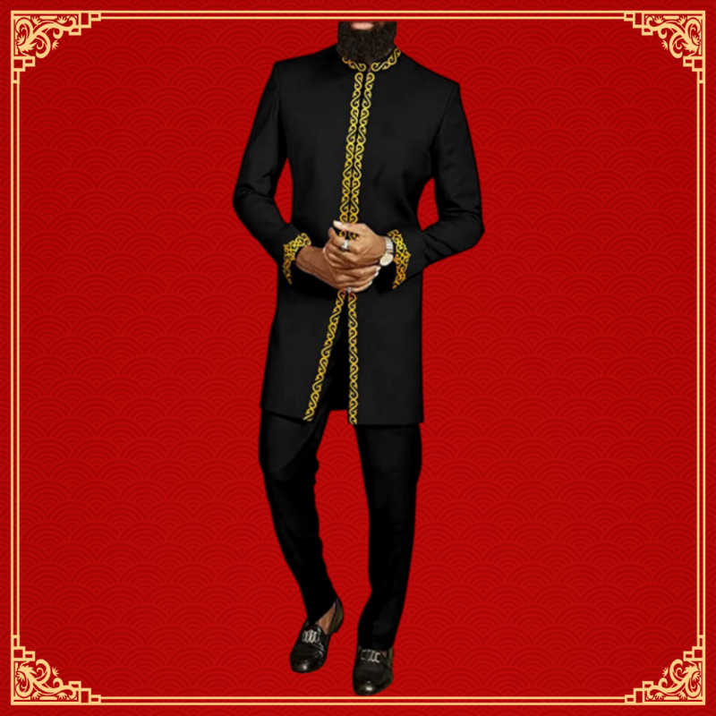 High-End African Ethnic Inspired Men’s Matching 2-Piece Suit Premium Exquisite Embroidery Design Fashion Outfit Perfect For Wedding Party And Celebrations