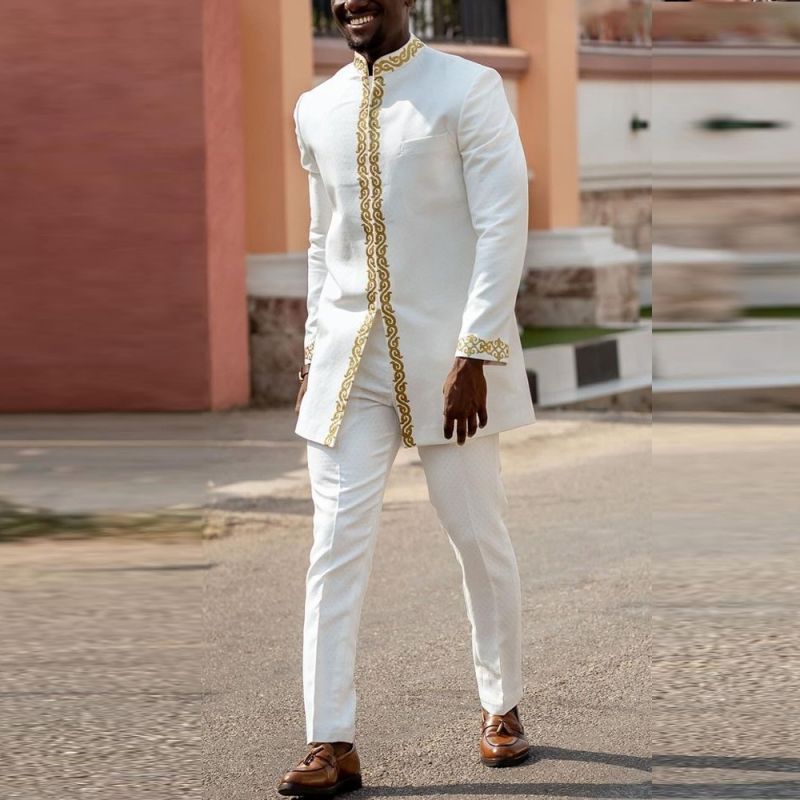 High-End African Ethnic Inspired Men’s Matching 2-Piece Suit Premium Exquisite Embroidery Design Fashion Outfit Perfect For Wedding Party And Celebrations