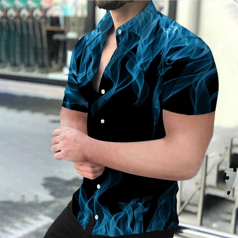 Premium Men's Casual Short Sleeve Shirt 3D Digital Flame Print Design Trendy European & American Style Fashion Personality Shirt for Men